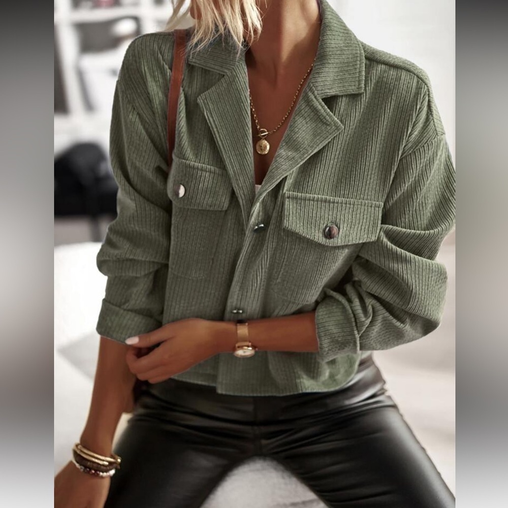 NWOT New XL 12 SHEIN flap pocket Corduroy Button-Up Jacket blazer olive green